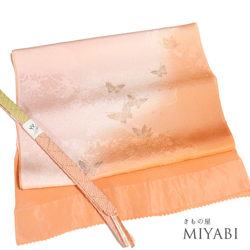 帯締め・帯揚げセット リサイクル お洒落 平組紐 ちりめん ピンク 正絹 新品・未使用品 蝶々柄 ぼかし