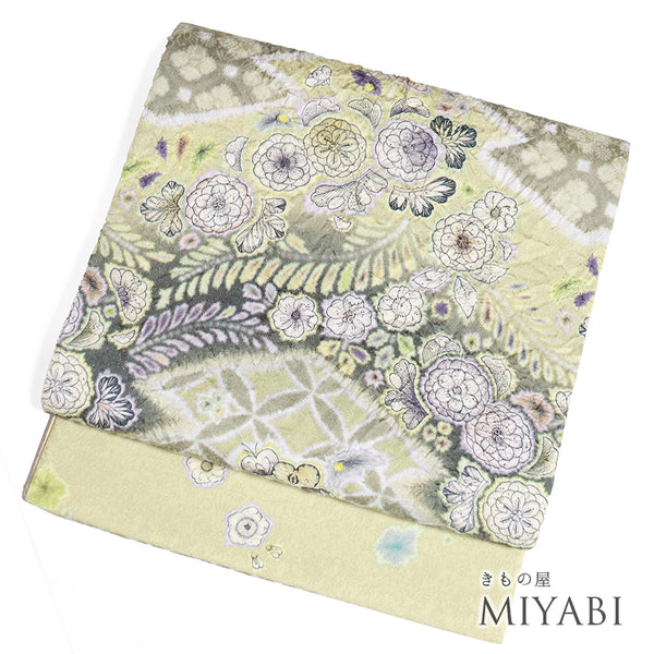 袋帯 リサイクル 帯丈444cm ポイント柄 辻が花風柄 絞り グリーン Mサイズ 正絹 Sランク お洒落