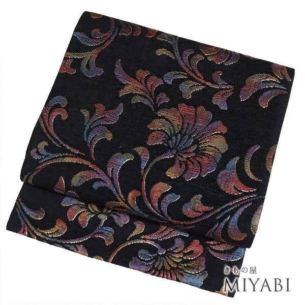 袋帯 リサイクル 帯丈432cm 六通 花唐草柄 ブラック Sサイズ 混合 新品・未使用品 お洒落