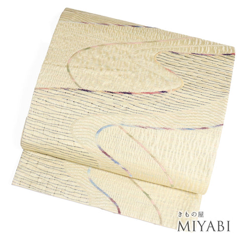 袋帯 リサイクル 帯丈456cm 全通 すくい織り ベージュ Lサイズ 正絹 Sランク カジュアル