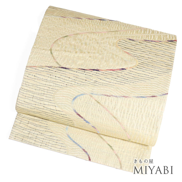 袋帯 リサイクル 帯丈456cm 全通 すくい織り ベージュ Lサイズ 正絹 Sランク カジュアル