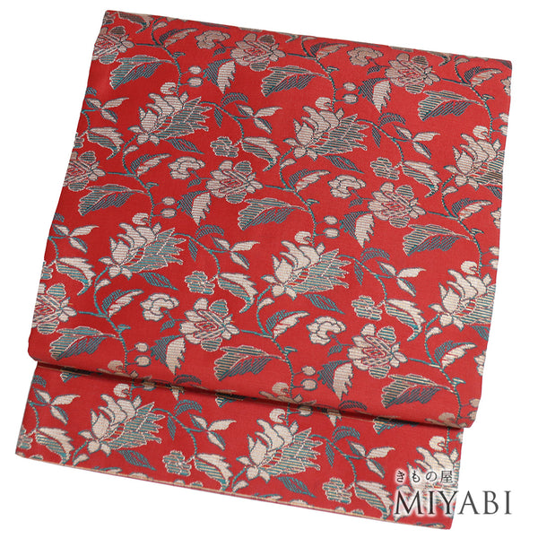 名古屋帯 リサイクル 帯丈386.5cm 六通 唐花柄 レッド Lサイズ 正絹 Sランク お洒落 カジュアル