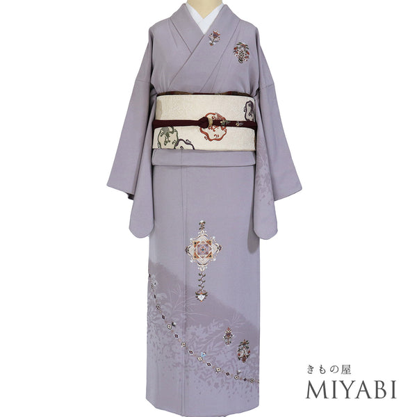 訪問着 リサイクル 身丈163.5cm 裄65.2cm 袷 金彩 ゆったりサイズ パープル Lサイズ フォーマル セミフォーマル 正絹 広衿 Sランク