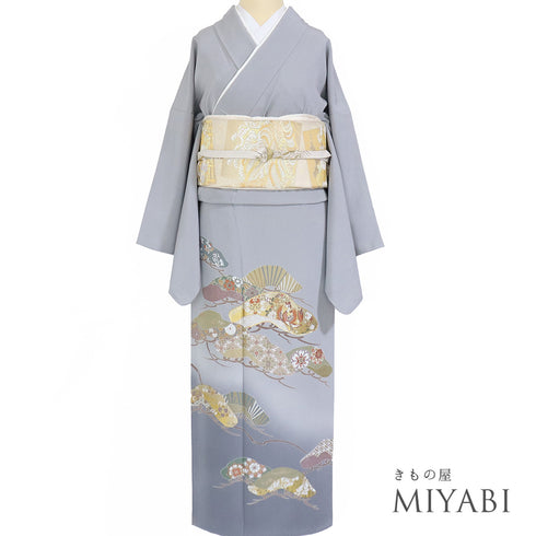 色留袖 リサイクル 身丈162cm 裄66cm 袷 グレー Lサイズ 三つ紋 正絹 広衿 Sランク