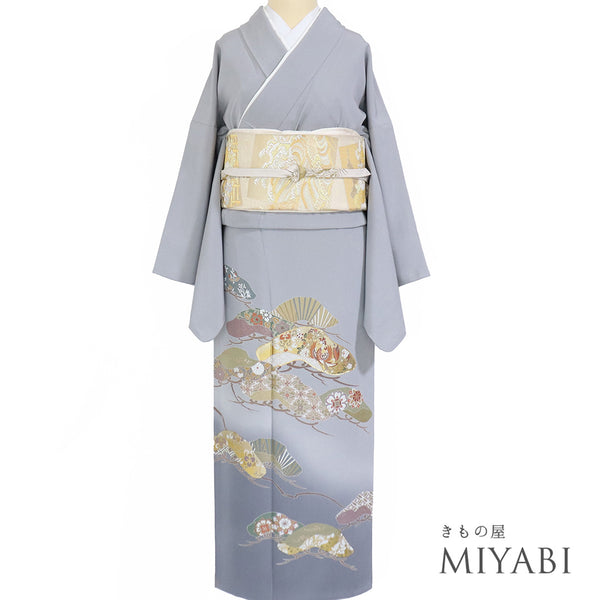 色留袖 リサイクル 身丈162cm 裄66cm 袷 グレー Lサイズ 三つ紋 正絹 広衿 Sランク