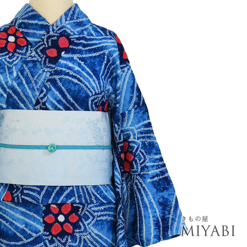 浴衣 リサイクル 夏着物 身丈156.8cm 裄66.5cm 夏物 絞り 花柄 ブルー Mサイズ カジュアル 木綿 洗える着物 バチ衿 Aランク