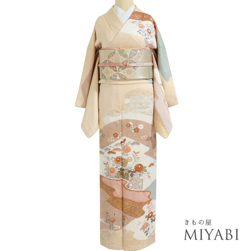 訪問着 リサイクル 身丈161.2cm 裄65.2cm 袷 染めわけ絞り 松や菊柄 箔 多色 Lサイズ セミフォーマル お洒落 正絹 広衿 Bランク
