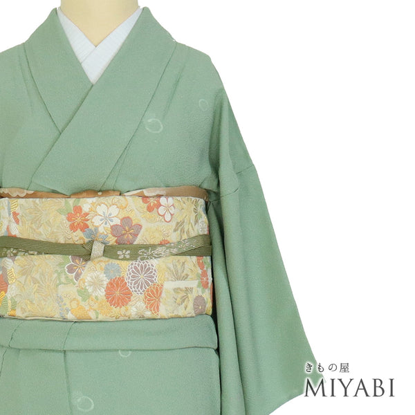 色無地 リサイクル 身丈149.5cm 裄61.6cm 単衣 水玉飛び柄 グリーン SSサイズ お洒落 正絹 広衿 地紋あり Sランク