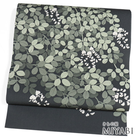 名古屋帯 リサイクル 帯丈384cm ポイント柄 開き仕立て 萩柄 型染め 裏布無し ちりめん グリーン Lサイズ 正絹 Sランク お洒落