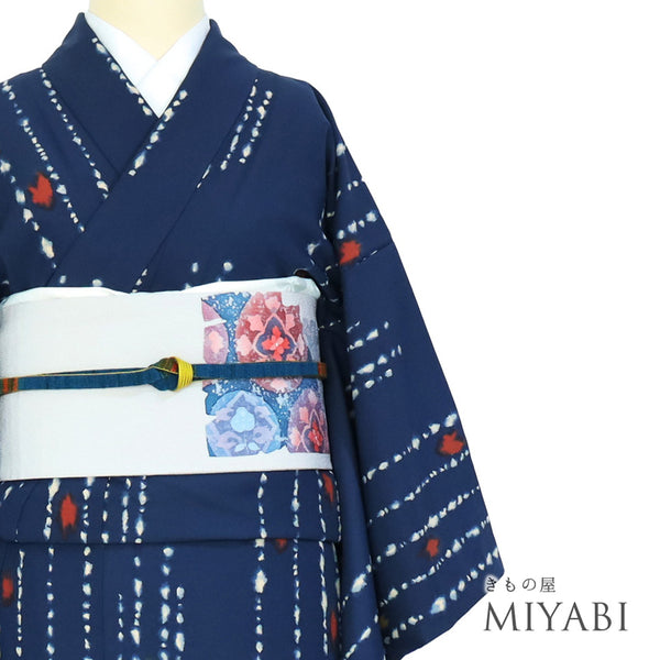 小紋 リサイクル 身丈155.2cm 裄62.4cm 袷 山本寛斎 デザイン柄 ネイビー Sサイズ お洒落 カジュアル ポリエステル 洗える着物 広衿 Sランク