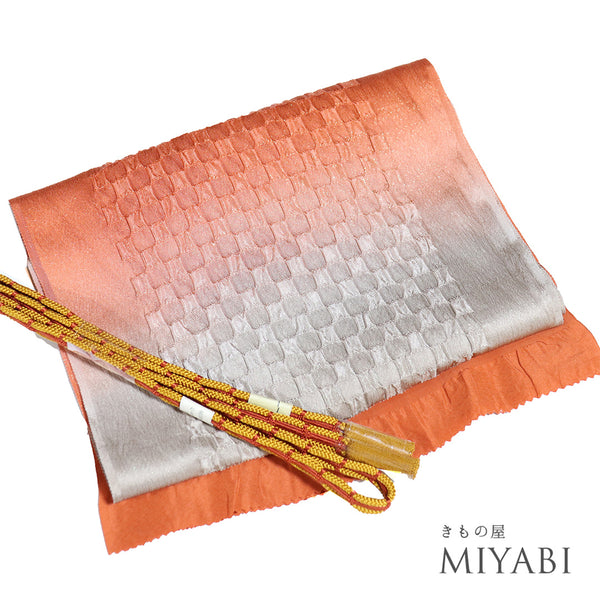帯締め・帯揚げセット 手組紐 ちりめん オレンジ 正絹 新品・未使用品 ぼかし