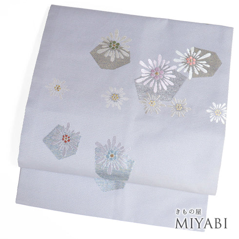 名古屋帯 リサイクル 帯丈362.5cm ポイント柄 花柄 グレー Mサイズ 正絹 Sランク お洒落