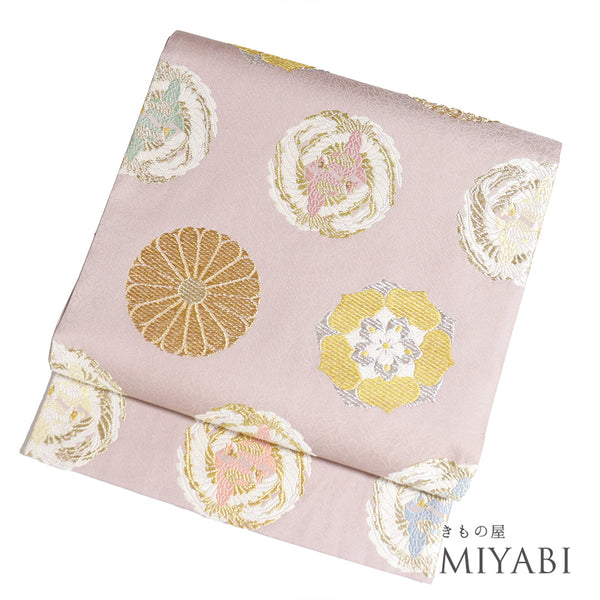 袋帯 リサイクル 帯丈438cm ポイント柄 華文柄 菊池浜茄子華文 山口美術織物 パープル Mサイズ 正絹 新品・未使用品 フォーマル セミフォーマル