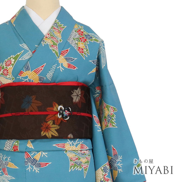 小紋 リサイクル 身丈161cm 裄64.6cm 袷 青海波に花柄 笹柄 ブルー Lサイズ カジュアル お洒落 不明 広衿 Bランク