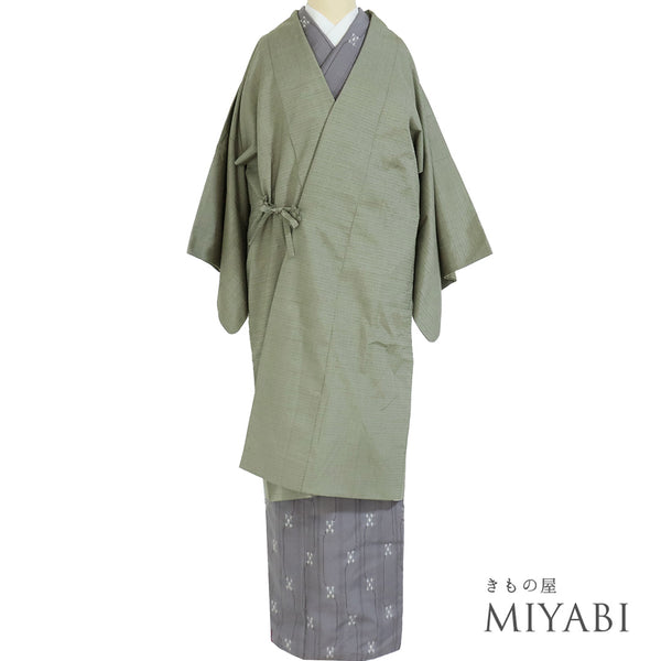 道中着 リサイクル 身丈106.7cm 裄64.2cm 袷 紬 ロング丈 地紋 グリーン Sサイズ お洒落 正絹 Sランク