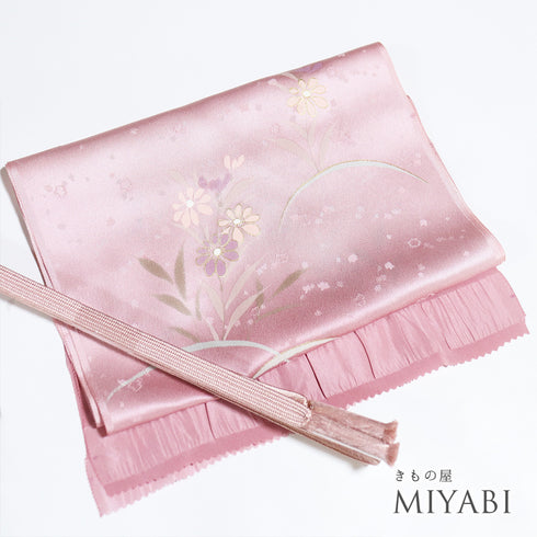 帯締め・帯揚げセット リサイクル 平組紐 ちりめん ピンク 正絹 新品・未使用品 花柄