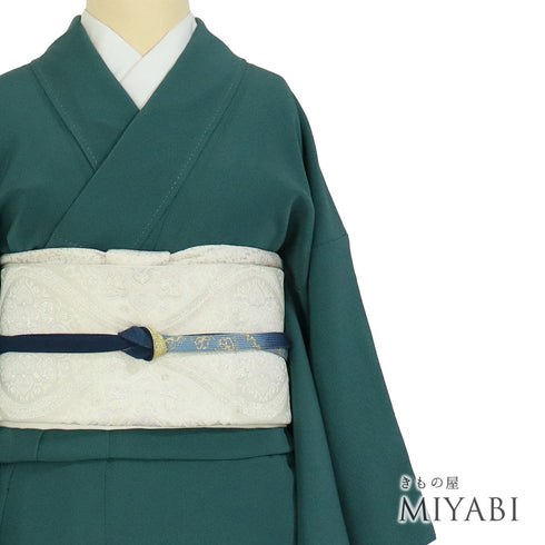 色無地 リサイクル 身丈153.5cm 裄63cm 袷 グリーン Sサイズ セミフォーマル 一つ紋 正絹 広衿 地紋なし Sランク