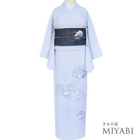 付下げ リサイクル 夏着物 身丈156.2cm 裄62.8cm 絽 雪輪に花々 箔 ブルー Mサイズ セミフォーマル お洒落 ポリエステル 洗える着物 広衿 Sランク