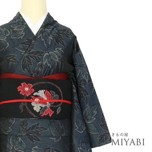 紬 リサイクル 身丈156.8cm 裄63.2cm 袷 葉柄 ネイビー Mサイズ お洒落 カジュアル 正絹 広衿 Sランク