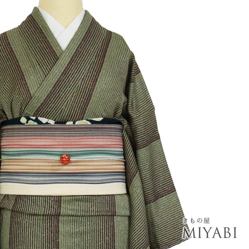 小紋 リサイクル 身丈158.3cm 裄64.6cm 袷 縞にたたき模様 お洒落八掛 グリーン Mサイズ お洒落 しつけ糸 正絹 広衿 Sランク