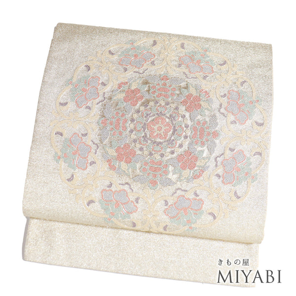 袋帯 リサイクル 帯丈460cm ポイント柄 華紋柄 相良刺繍 ベージュ LLサイズ 正絹 Sランク フォーマル セミフォーマル