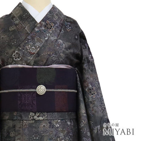 大島紬 リサイクル 身丈163.7cm 裄66.4cm 袷 花、鳥、兎柄 恵績五郎 ゆったりサイズ ブラック Lサイズ お洒落 カジュアル 証紙 しつけ糸 正絹 広衿 未使用品