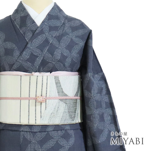 紬 リサイクル 身丈169.8cm 裄68.4cm 単衣 デザイン七宝柄 ゆったりサイズ 結城紬 グレー LLサイズ お洒落 カジュアル 証紙 しつけ糸 正絹 広衿 Sランク