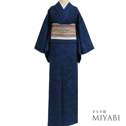 付下げ リサイクル 身丈159.3cm 裄66cm 袷 紬 花柄 木柄 染紬 ブルー Mサイズ お洒落 しつけ糸 正絹 広衿 Sランク