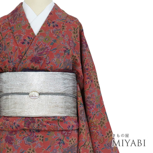 小紋 リサイクル 身丈163cm 裄67.4cm 袷 花唐草柄 ピンク Lサイズ お洒落 カジュアル 正絹 広衿 Sランク