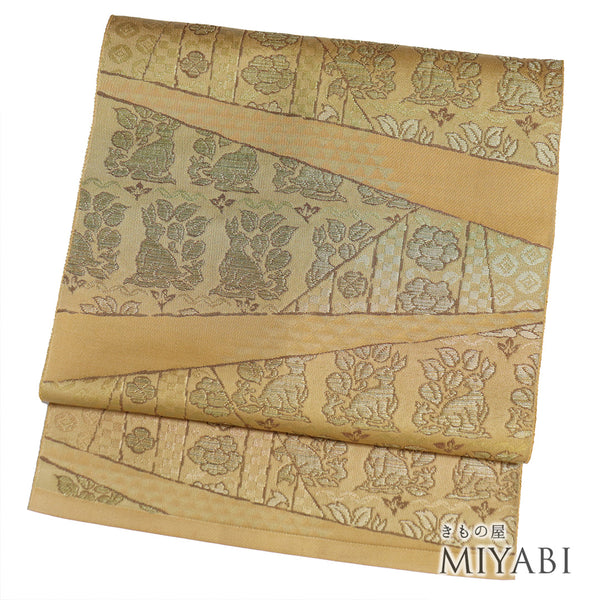 名古屋帯 リサイクル 帯丈355.5cm 六通 幾何学柄 ブラウン Sサイズ 正絹 Sランク お洒落 カジュアル