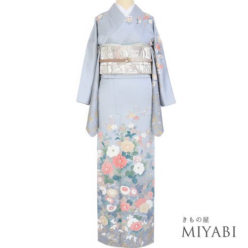 訪問着 リサイクル 身丈162cm 裄66.4cm 袷 花各種柄 ブルー Lサイズ セミフォーマル お洒落 正絹 広衿 Aランク