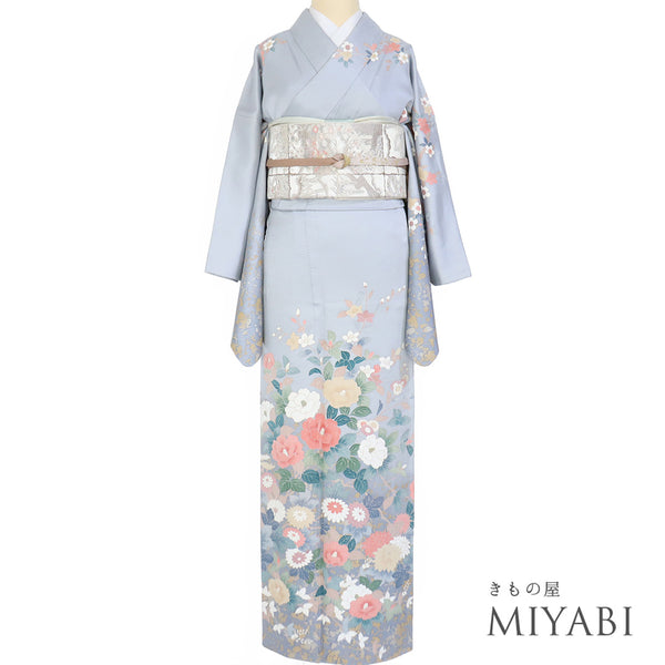 訪問着 リサイクル 身丈162cm 裄66.4cm 袷 花各種柄 ブルー Lサイズ セミフォーマル お洒落 正絹 広衿 Aランク