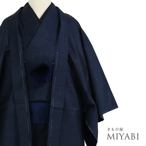 アンサンブル 男物 リサイクル 身丈150.2cm 裄68cm 羽織丈100cm 袷 大島 ネイビー Lサイズ お洒落 カジュアル しつけ糸 正絹 棒衿 Sランク