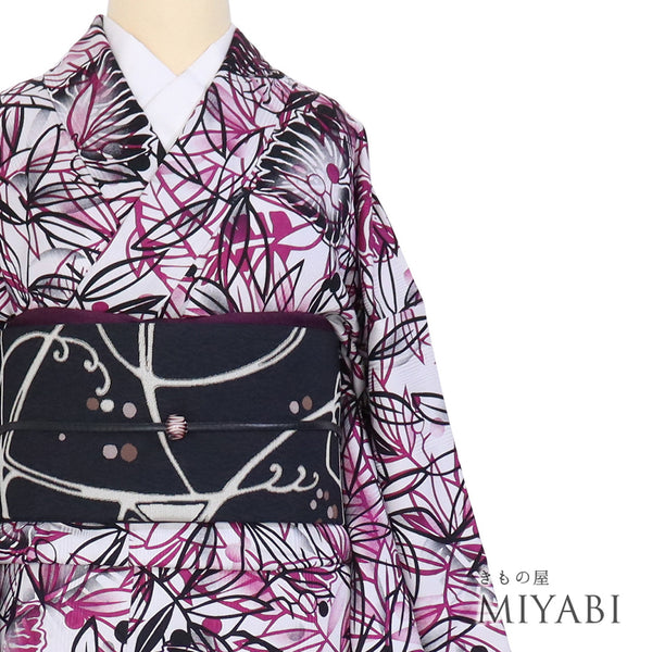 小紋 リサイクル 身丈158cm 裄64.4cm 袷 南国リーフ柄 グレー Mサイズ お洒落 カジュアル 正絹 広衿 Sランク