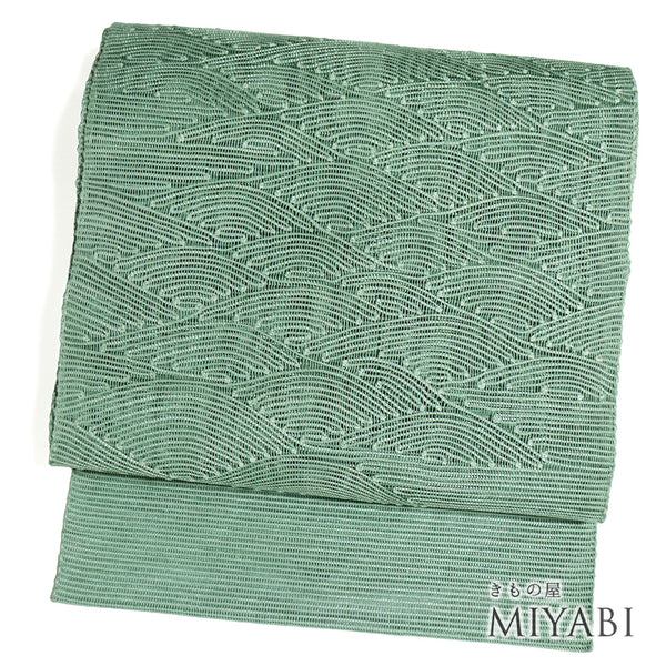 名古屋帯 リサイクル 帯丈357cm ポイント柄 波柄 夏物 グリーン Sサイズ 混合 Sランク お洒落 カジュアル