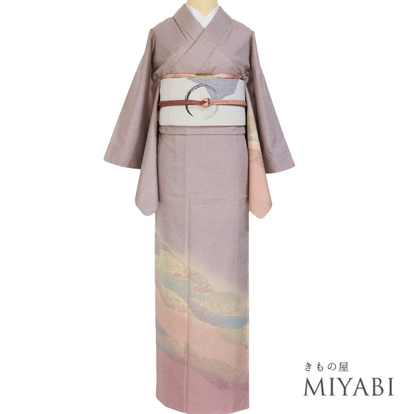 訪問着 リサイクル 身丈163cm 裄64.8cm 袷 染め紬 パールトーン加工 道長取り パープル Lサイズ お洒落 正絹 広衿 Sランク