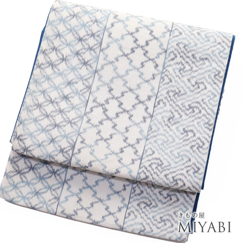 袋帯 リサイクル 帯丈416cm 全通 絣柄 七宝 さや型 松西菱 ブルー SSサイズ 不明 新品・未使用品 お洒落