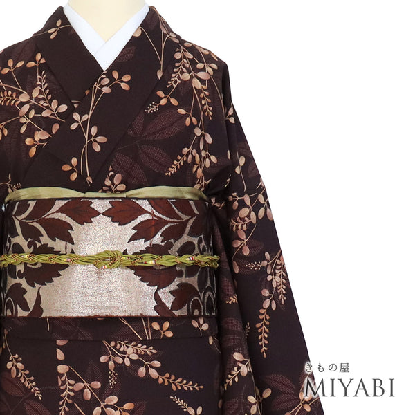 小紋 リサイクル 身丈165.5cm 裄67.3cm 袷 草花柄 既製品 ブラウン LLサイズ お洒落 ポリエステル 洗える着物 広衿 Sランク