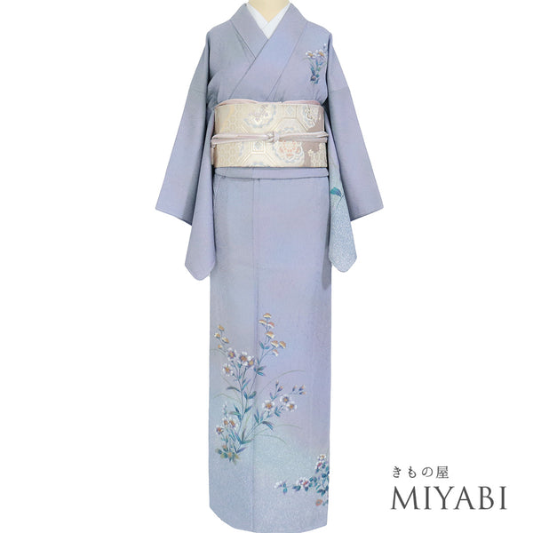 訪問着 リサイクル 身丈152.5cm 裄62.7cm 袷 花柄 菊柄 ぼかし柄 ブルー Sサイズ フォーマル 落款 しつけ糸 正絹 広衿 Sランク