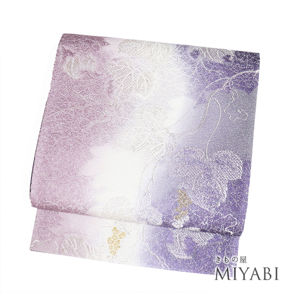 袋帯 リサイクル 帯丈456cm 全通 ぼかしに葡萄柄 パープル Lサイズ 正絹 新品・未使用品 セミフォーマル お洒落