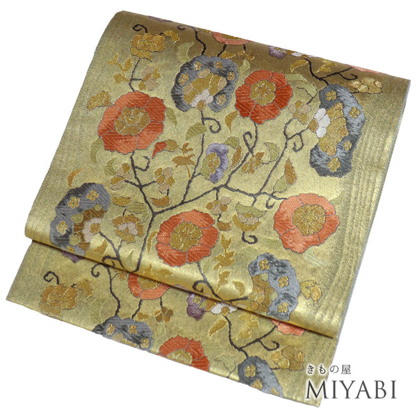 袋帯 リサイクル 帯丈438cm 六通 デザイン唐草柄 ゴールド Mサイズ 正絹 Sランク お洒落