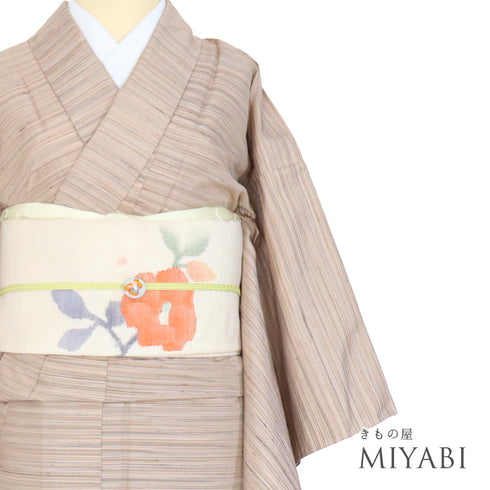 紬 リサイクル 身丈153cm 裄63cm 単衣 横縞柄 ベージュ Sサイズ カジュアル 正絹 広衿 Sランク