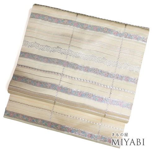 名古屋帯 リサイクル 帯丈340cm 六通 格子に花唐草模様 織り出し名古屋帯 ベージュ Sサイズ 正絹 Aランク お洒落