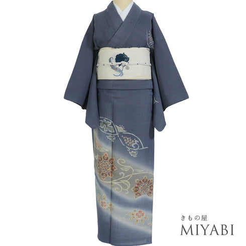 訪問着 リサイクル 夏着物 身丈162cm 裄66cm 夏物 花・葡萄柄 紬 グレー Lサイズ フォーマル 一つ紋 正絹 広衿 Bランク