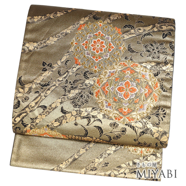 袋帯 リサイクル 帯丈432cm 六通 華紋や花唐草柄 西陣織1610 ゴールド Sサイズ 正絹 Sランク フォーマル セミフォーマル