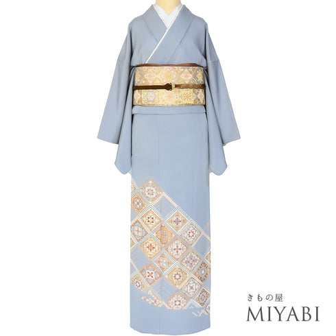 色留袖 リサイクル 身丈171cm 裄66.8cm 袷 デザイン青海波に華紋柄 金駒刺繍 箔 ブルー LLサイズ セミフォーマル 一つ紋 正絹 広衿 Aランク