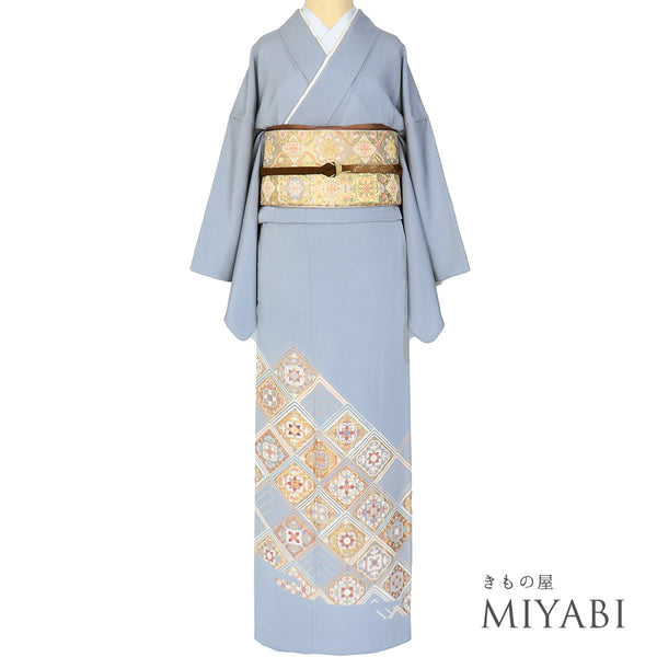 色留袖 リサイクル 身丈171cm 裄66.8cm 袷 デザイン青海波に華紋柄 金駒刺繍 箔 ブルー LLサイズ セミフォーマル 一つ紋 正絹 広衿 Aランク