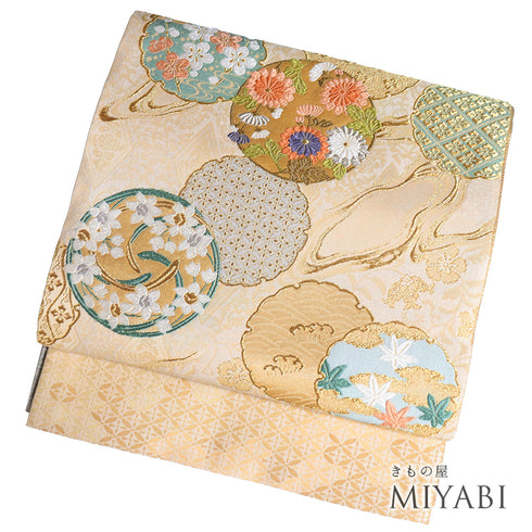 袋帯 リサイクル 帯丈464cm 全通 雪輪に花柄 蔦柄 ゴールド LLサイズ 正絹 未使用品 フォーマル セミフォーマル