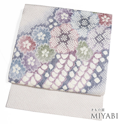 名古屋帯 リサイクル 帯丈389cm ポイント柄 絞り 辻が花柄 パープル サイズ 正絹 Sランク お洒落