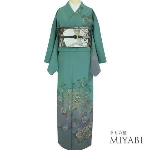 訪問着 リサイクル 身丈159.2cm 裄65.2cm 袷 向かい鳥華紋柄 刺繍 グリーン Mサイズ セミフォーマル お洒落 正絹 広衿 Sランク